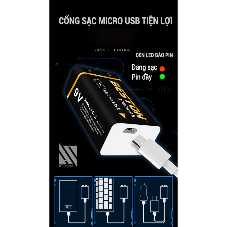 Pin sạc 9V Lithium Beston sạc trực tiếp micro USB dùng cho đồng hồ đo điện, máy nghe nhạc, đèn pin