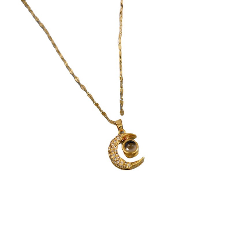 Vòng cổ Thép Titan Mạ Vàng 18K Mặt Trăng 100 Ngôn Ngữ I Love You Ngăn Dị Ứng Thời Trang Cho Nữ