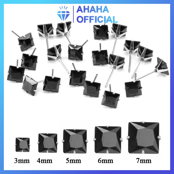 Bông tai nam inox cao cấp rẻ đẹp 1 cặp đá vuông đen bấm lỗ tai ahaha.officical nhiều kích cỡ màu đen PTBTNA19
