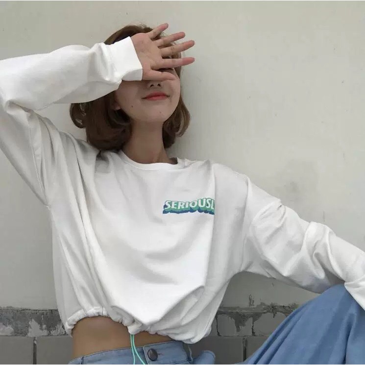 Áo Thun Tay Dài Form Croptop Phối Dây Rút Eo In Chữ SERIOULY Cá Tính TTSL0086