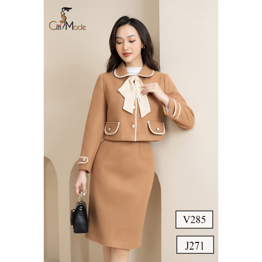 Áo dạ công sở CITI MODE lửng vàng bò cổ sen V285