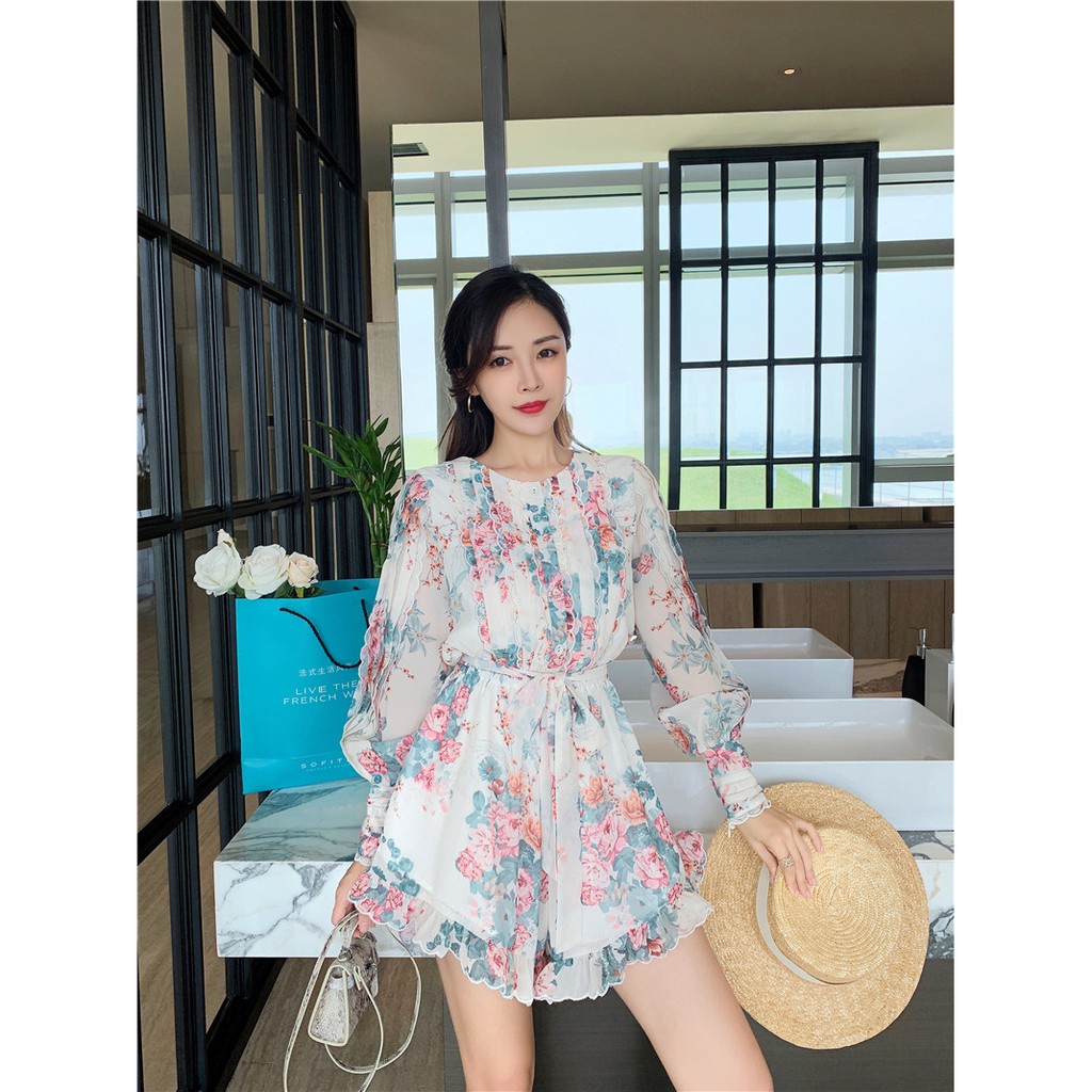 Jumpsuit voan hoa tay bo phồng ngực xếp nếp thắt dây eo nữ tính