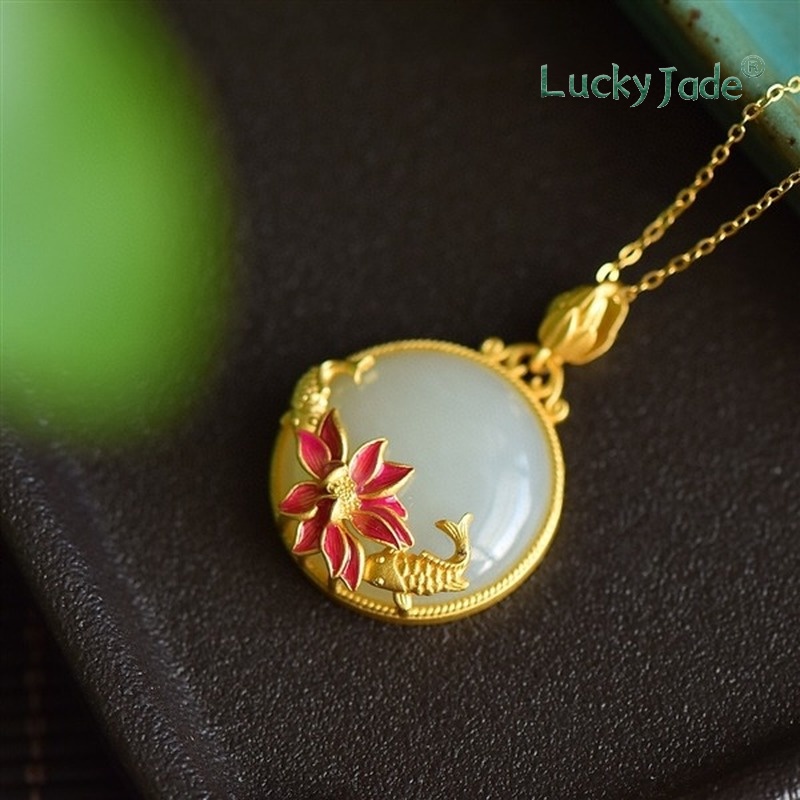 Vòng cổ Bạc Mặt Hình Hoa Sen Đính Ngọc Bích Trắng Phong Cách Trung Quốc