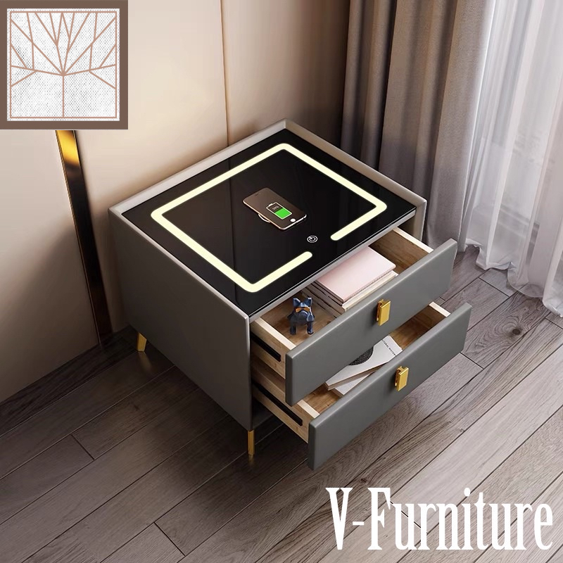 Táp đầu giường 2 ngăn bọc da có đèn LED cảm ứng và sạc không dây thông minh