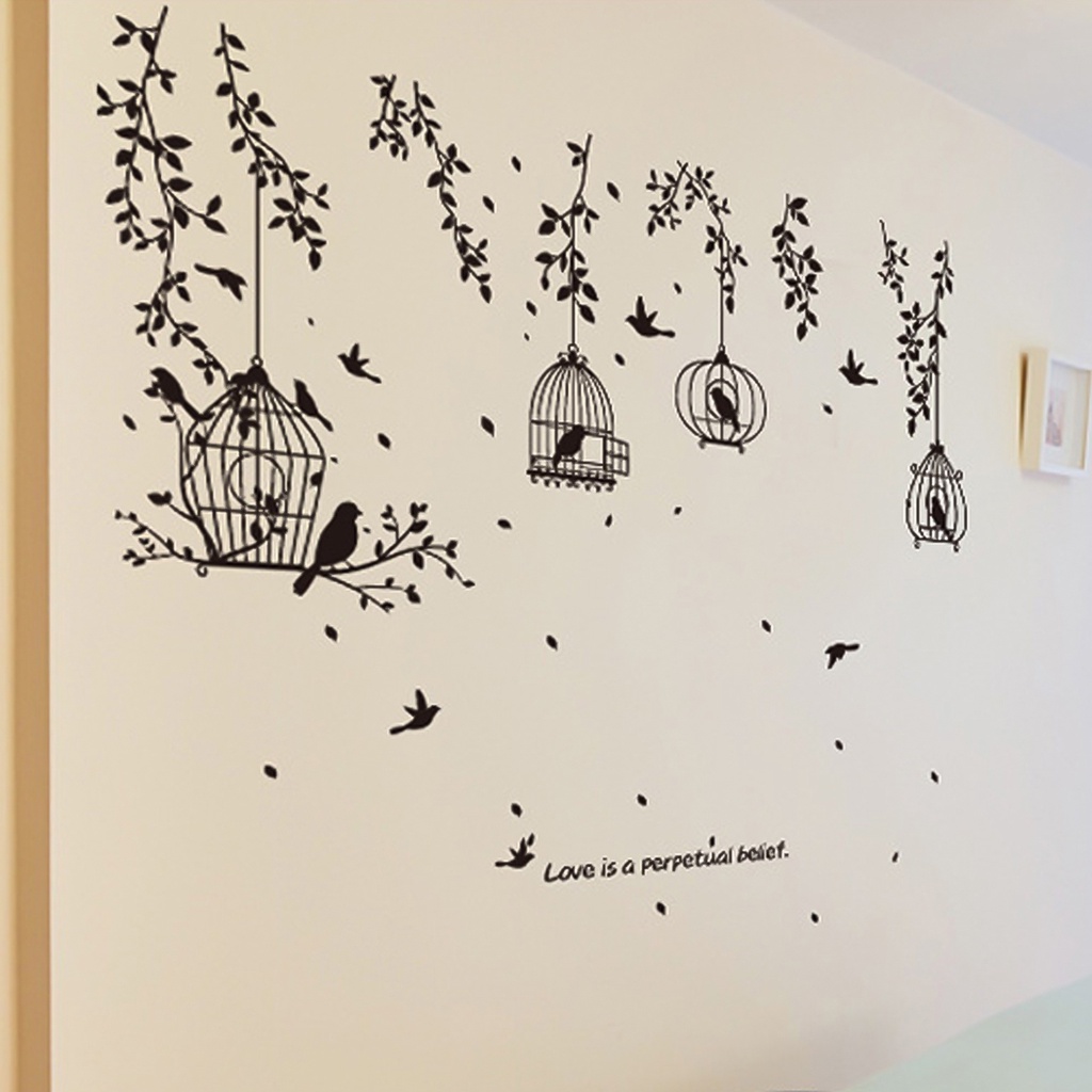 Black Birdcage Leaves Silhouette Wall Decor Sticker Living Room Bedroom Decal