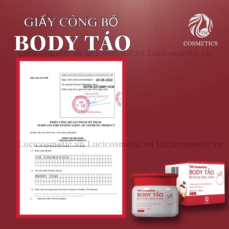 Kem body táo tm cosmetic 200ml giúp dưỡng da trắng hồng ,mịn da,đều màu da- lucicosmetic
