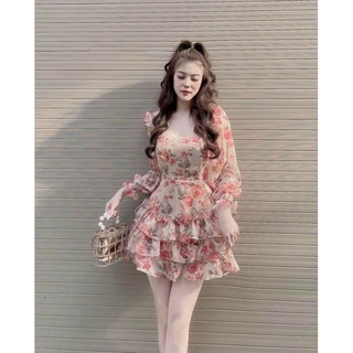 Đầm hoa voan tầng tay dài phong cách dịu dàng-hàng thiết kế