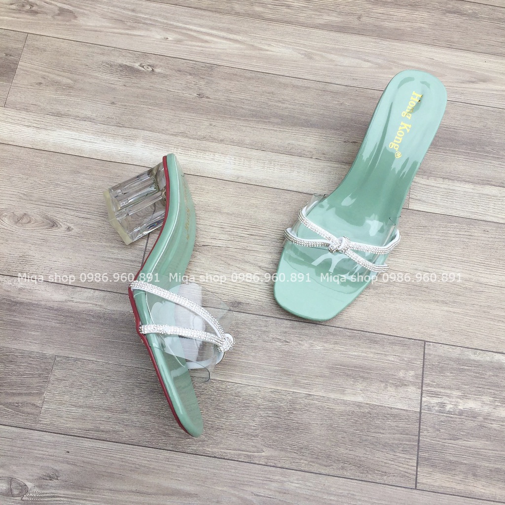 Dép cao gót nữ - Dép quai trong dây đá thắt nơ gót mika trong suốt cao 5p