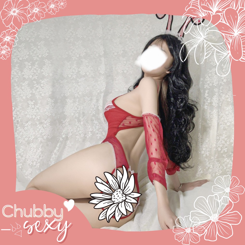 Bodysuit Corset Sexy Lady - Vải Ren Đỏ Chấm Bi Kèm Găng Tay Và Bờm Thỏ Cao Cấp Quyến Rũ Gợi Cảm - BDS11 - Chubby.Sexy
