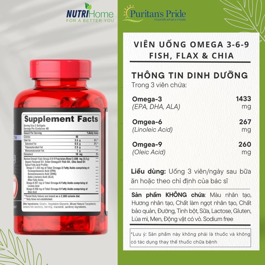 Viên uống Triple Omega 3-6-9 Puritan’s Pride Fish, Flax &amp; Chia Oils hỗ trợ tim mạch, hệ thần kinh (Nutri Home)(120 viên)