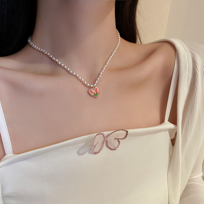 Vòng cổ Mặt Hoa Tulip Đính Ngọc Trai Thời Trang Cho Nữ