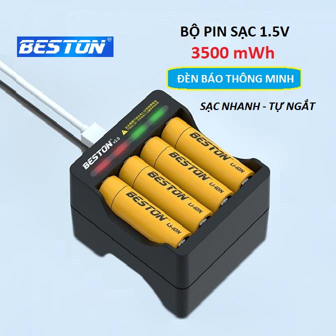 Bộ 4 pin tiểu sạc AA Beston 1.5V Dung lượng cao Hàng cao cấp kèm Bộ sạc Tự ngắt Có đèn báo đầy Pin micro không dây