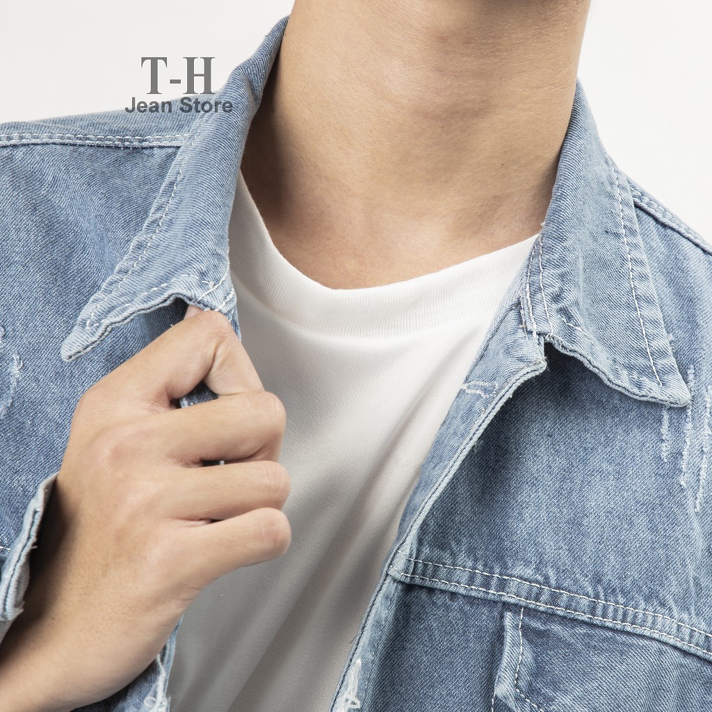 Áo khoác jean unisex nam nữ TH Store màu bò xanh cào xước phong cách ulzzang