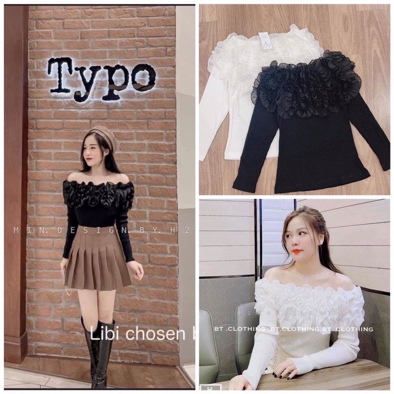 Áo trễ vai len bèo nhún ngực tiểu thư đủ size S M L huyen hip