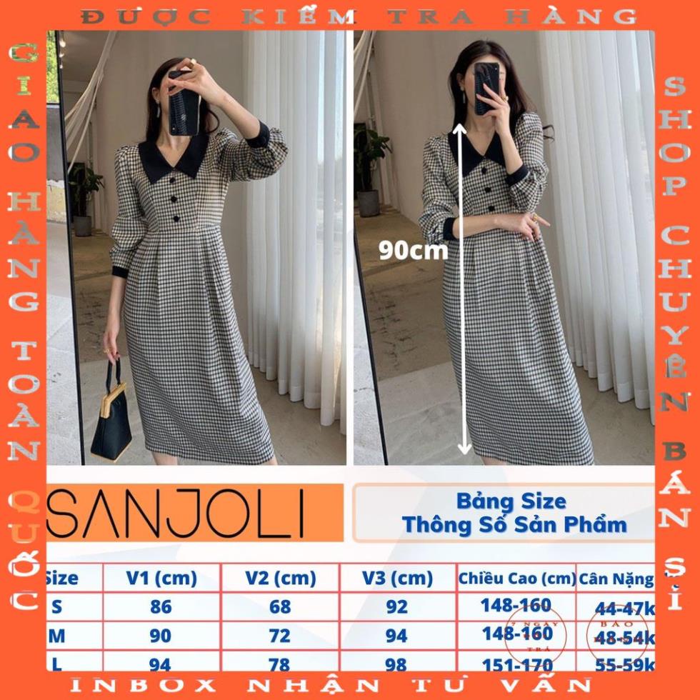 Váy Công Sở Kẻ Caro Dài Tay Dáng Suông SANJOLI Đầm Thiết Kế Bo Cổ Tay Sang Chảnh VD057 luongphon
