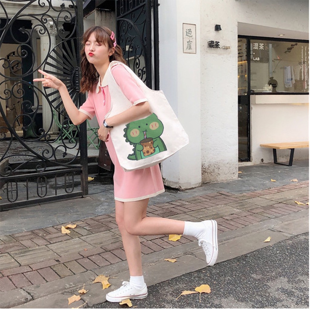 Túi Tote 💖FREESHIP💖 Vải Canvas Nữ Hàn Quốc Giá Rẻ Khủng Long Ta tua Túi Tote Đi Học C1040