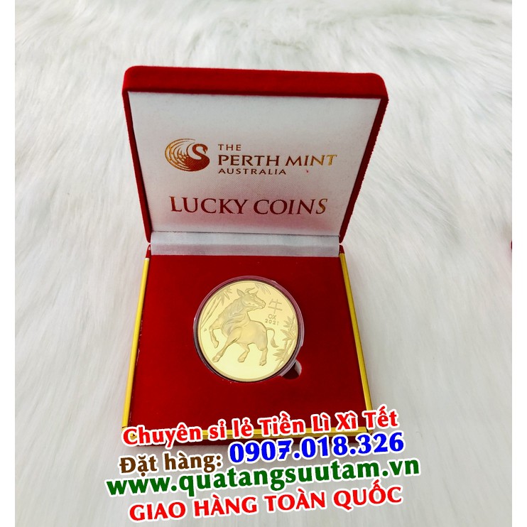 Combo 1 Đồng Tiền Xu Con Trâu Úc Vàng 2021 - tặng kèm hộp nhung đỏ viền vàng cực chất