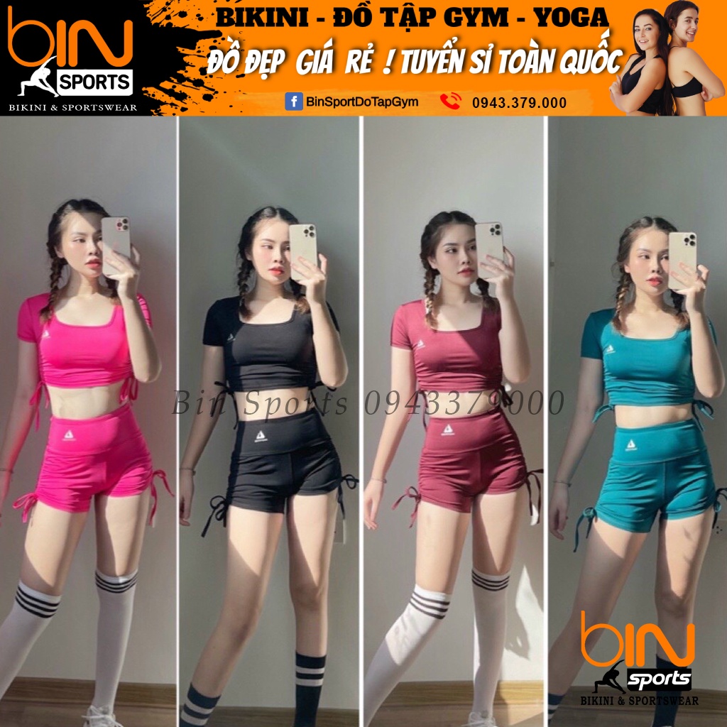 Đồ tâp gym nữ, set bộ đùi thể thao tập gym yoga nữ áo crop dây rút quần đùi cạp cao Bin Sports BN028-1