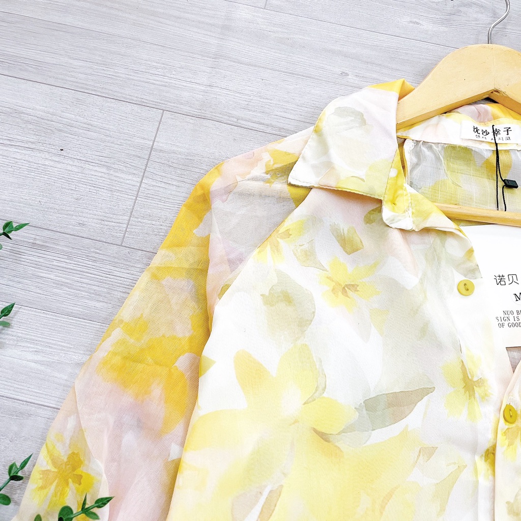 🌈 Áo SƠ MI VOAN HOA VÀNG thân 2 lớp tay bồng cổ bẻ sang chảnh tiểu thư vintage công sở