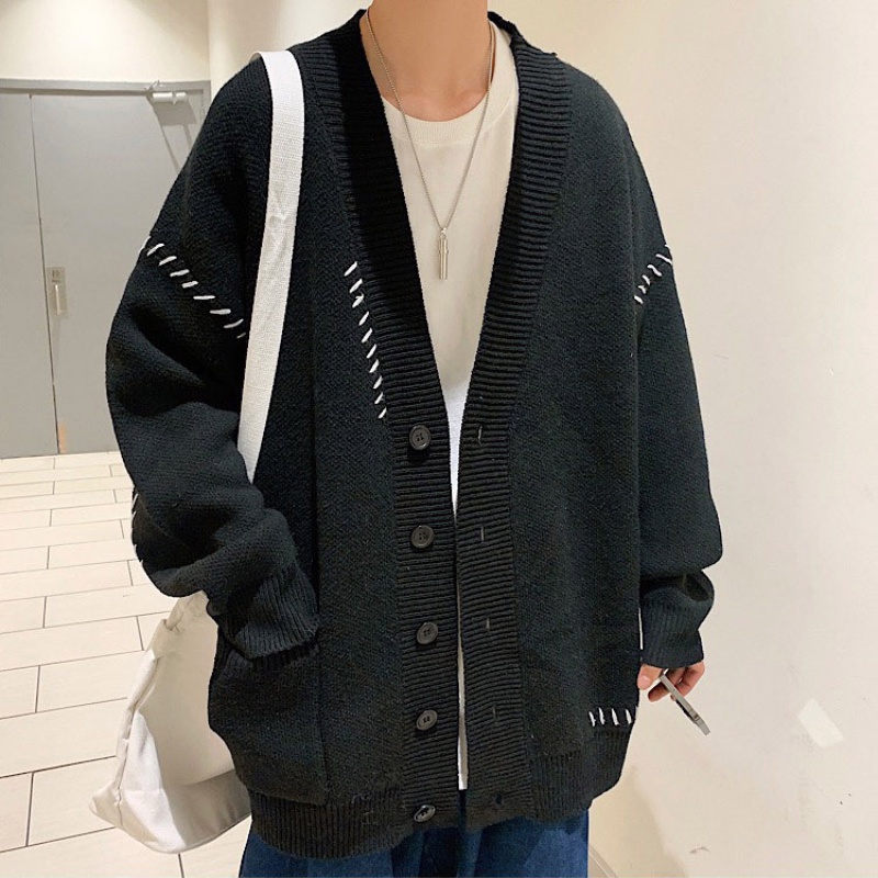Áo khoác cardigan nam tay dài cổ chữ V màu đen phong cách Harajuku Hàn Quốc