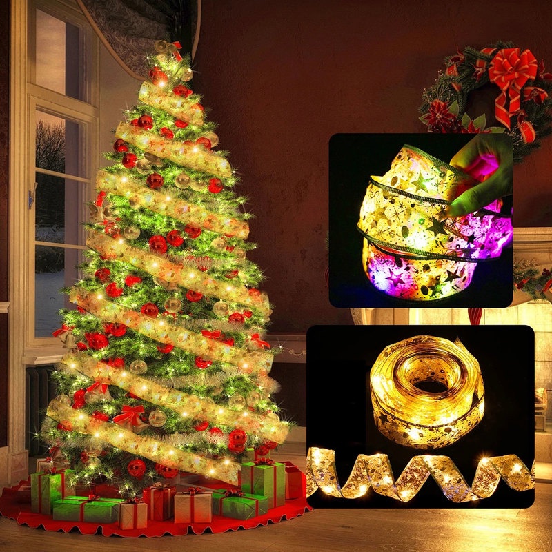 Dây Đèn LED Ruy Băng Dùng Pin Trang Trí Cây Thông Giáng Sinh