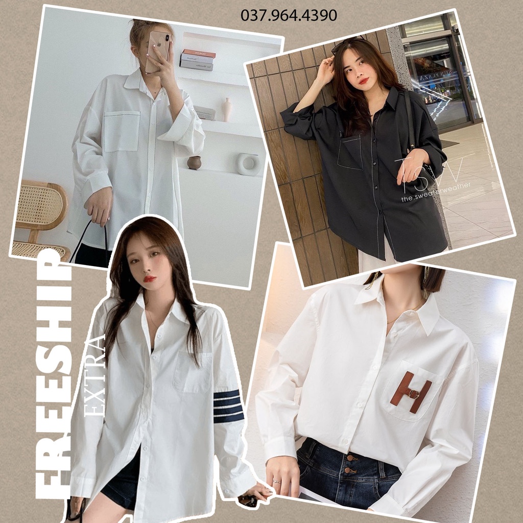 SUA012 Áo sơ mi nữ trắng dài tay 3 sọc có túi ngực Ulzzang Áo học sinh chỉ nổi chữ H basic freesize form rộngtrẻ đi học