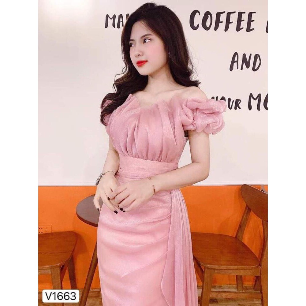 Đầm body dự tiệc 👗 Đẹp DVC 💕 Váy body dự tiệc màu hồng trễ vai V1663