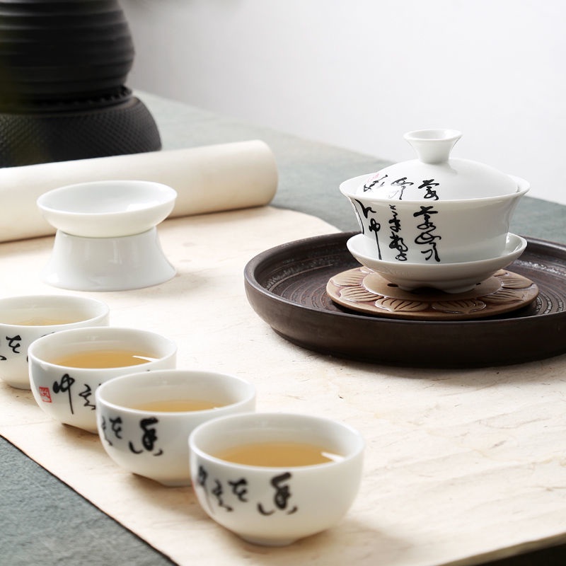 Bộ Ấm Chén Uống Trà Bằng Sứ Màu Trắng Có Nắp Đậy Tiện Dụng