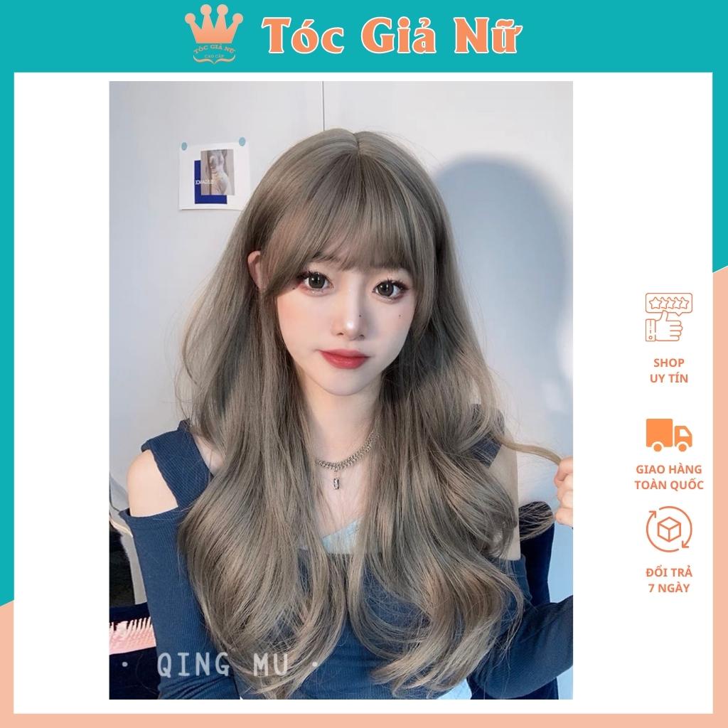 Tóc giả nữ nguyên đầu xoăn dợn dài kiểu hàn, tặng kèm lưới trùm tóc wig màu trà sữa, 2069