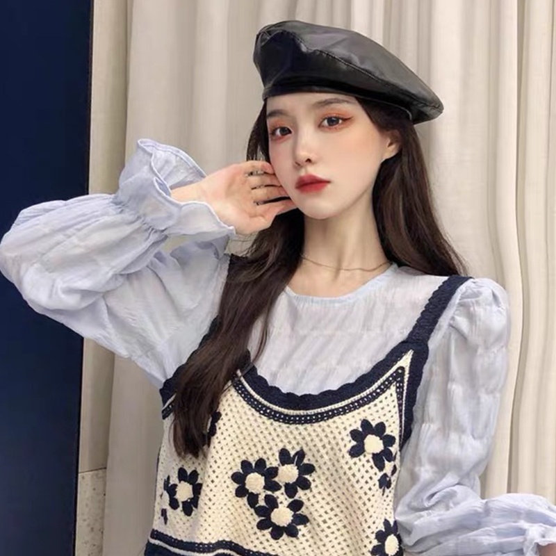 Áo Sweater Dệt Kim Sát Nách Khoét Lỗ Họa Tiết Hoa Màu Tương Phản Cổ Điển Cho Nữ