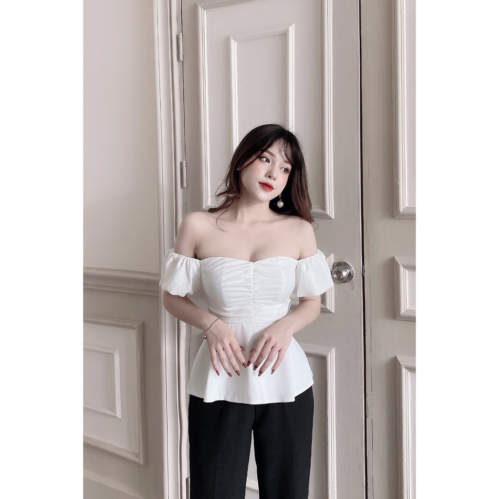 Áo sơ mi nữ 92WEAR kiểu ngắn tay trễ vai màu trắng hồng gợi cảm sexy tay bồng hàn quốc trơn đẹp ASW0543 - 92Wear | BigBuy360 - bigbuy360.vn