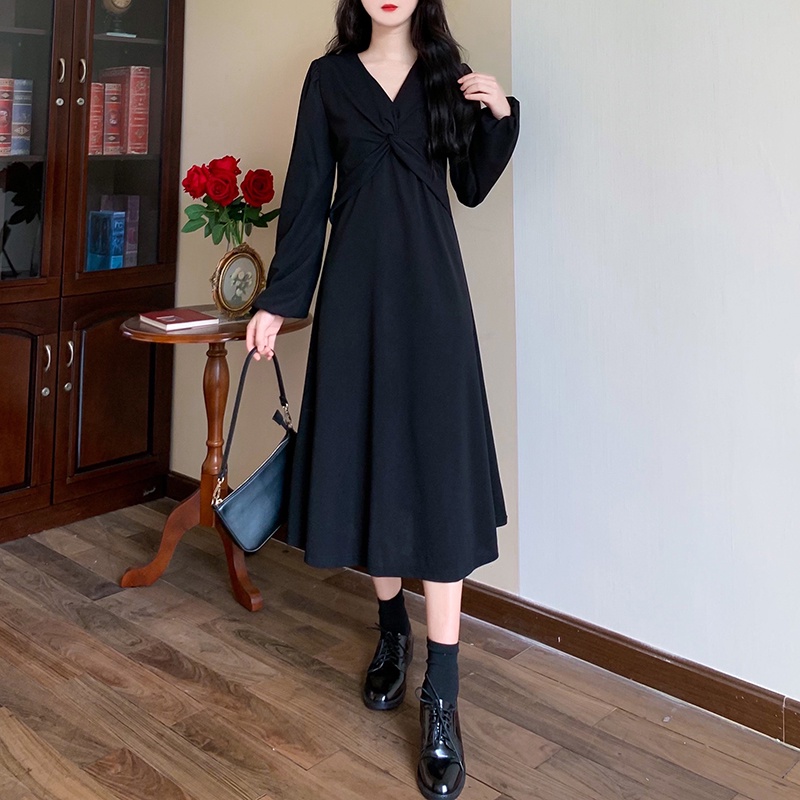 Đầm PERTY tay dài phồng cổ chữ V dáng vừa vặn thời trang Hàn Quốc quyến rũ