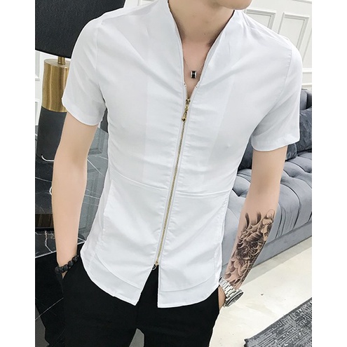 Áo sơ mi, Áo sơ mi nam cộc tay cổ phối khóa độc lạ, trẻ trung, phong cách chất vải mềm  mát N19