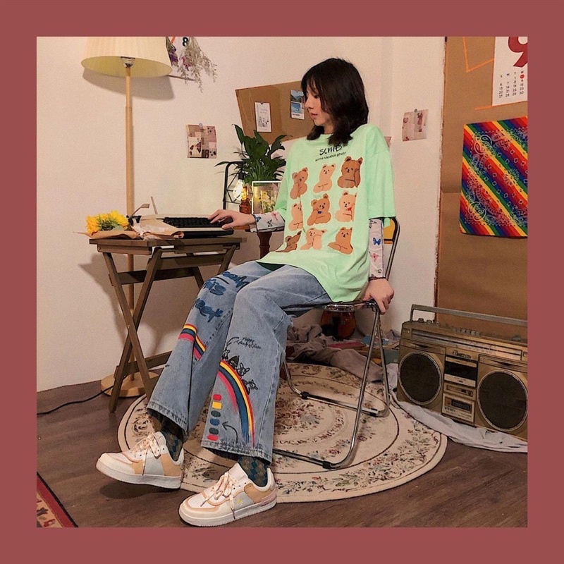 Quần Jean Phong Cách Ulzzang Hoạ Tiết Cầu Vòng 🌈 Kiểu dáng Unisex , Cạp Cao phù hợp cho nữ