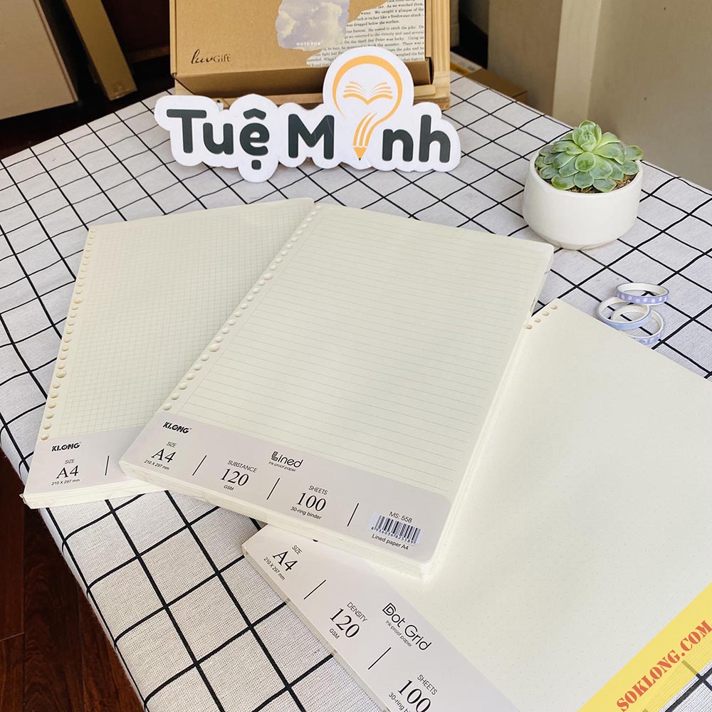 Ruột sổ còng Klong A4 gồm 100 tờ caro, dotgrid, kẻ ngang định lượng cao giấy refill binder Klong