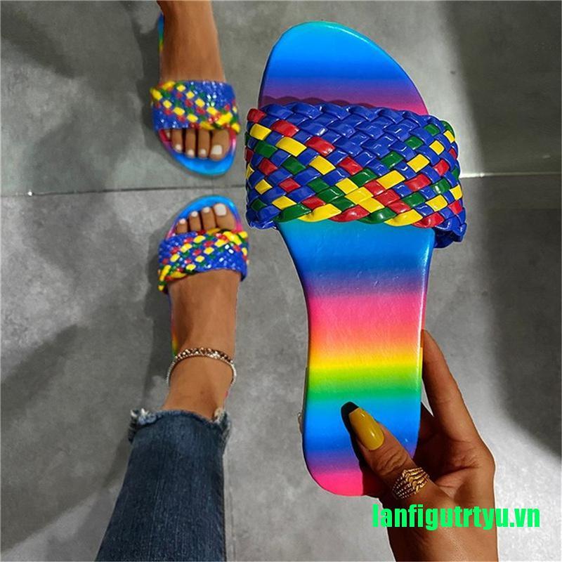 <trtyu>Women Multicolor Slippers Weave Flat Open Toe Slides Outside Beach Shoes