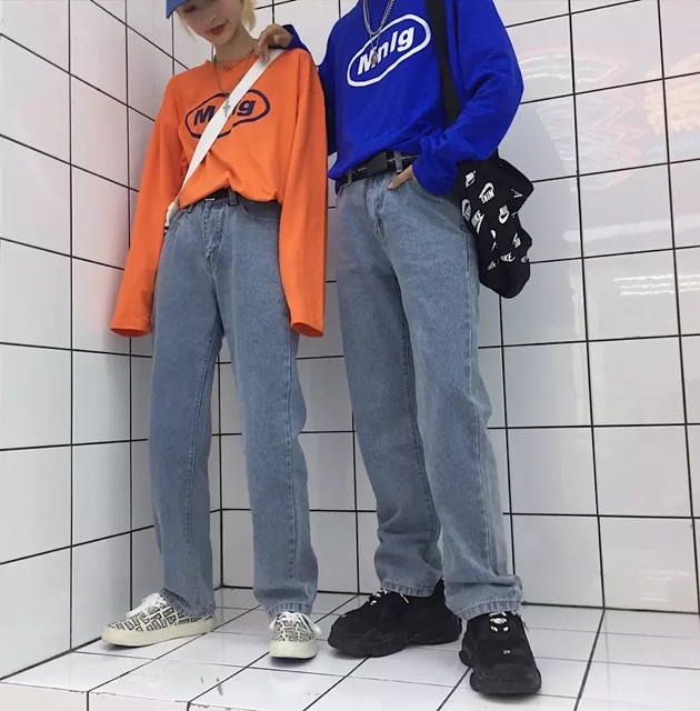 Baggy jean ống rộng xanh trơn form Unisex