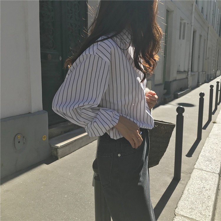 Áo sơ mi dáng rộng kẻ sọc thời trang retro Hàn Quốc cho nữ