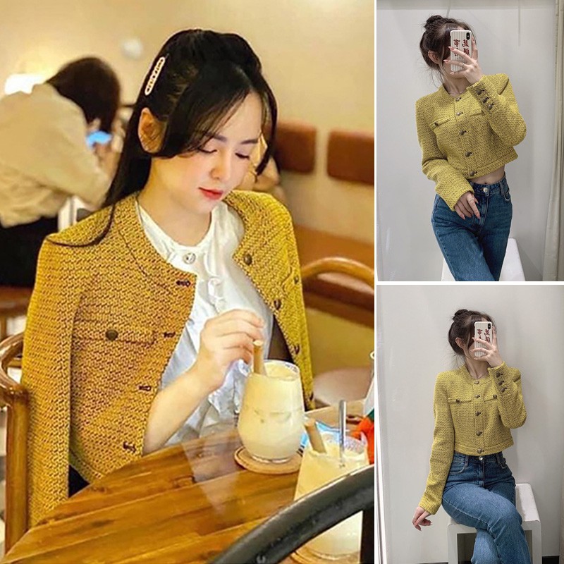 ÁO KHOÁC BLAZER NỮ VẢI DỆT CỔ TRÒN DÁNG NGẮN MÀU VÀNG - 2674/712