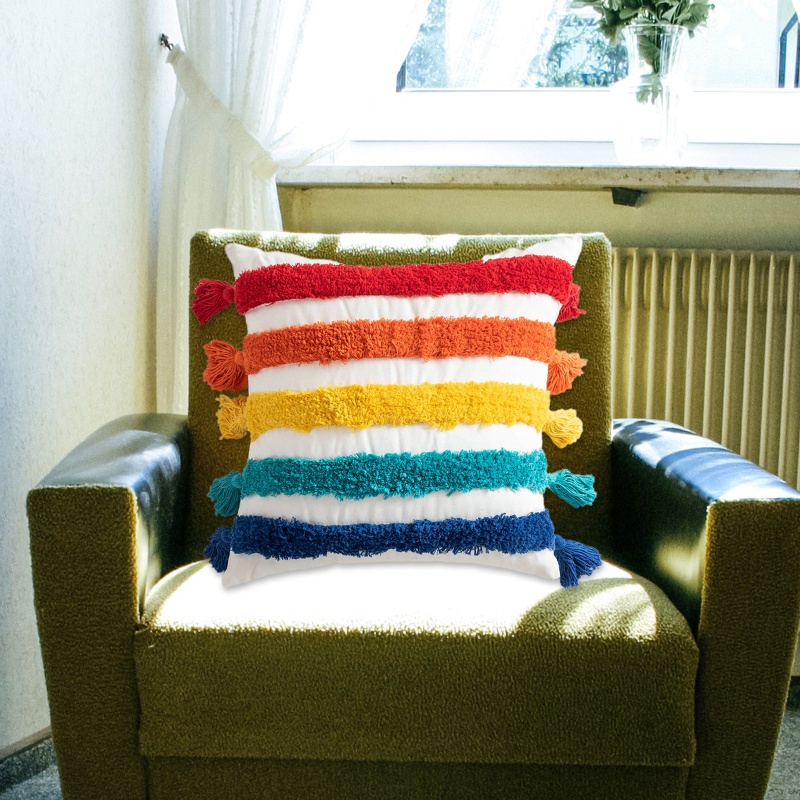 Vỏ Gối 45x45cm Họa Tiết Kẻ Sọc Màu Cầu Vồng Phong Cách Boho