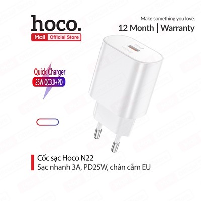 Củ sạc PD25W Hoco N22 chất liệu cao cấp chống cháy 1 cổng Type-C chân cắm EU tiêu chuẩn