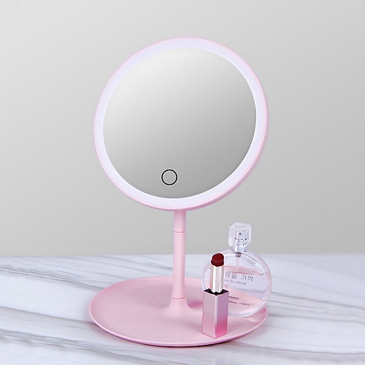 Gương Trang Điểm Có Đèn Led Cảm Ứng 3 Chế Độ Ánh Sáng - Gương MakeUp Tròn Màu Hồng Phấn