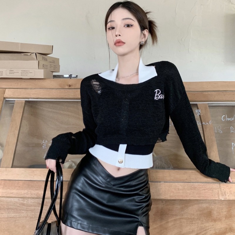 Áo Croptop Dệt Kim Cổ Tròn Dáng Ôm Màu Tương Phản Thời Trang Cho Nữ