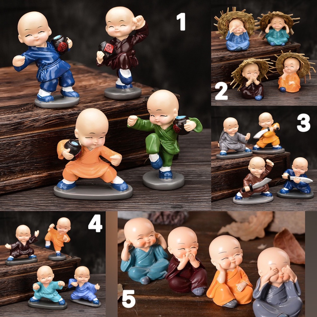 Bộ Tượng 4 Chú Tiểu Luyện Võ 4 MÀU, 4 Chú Tiểu Tập Võ, Múa Võ, Đánh Võ, Trang Trí ô tô, Bàn Làm Việc - Mộc Lan
