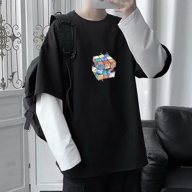 Áo Sweater Cổ Tròn Giả Hai Lớp Form Rộng In Họa Tiết Thời Trang Xu Hướng Hàn Quốc