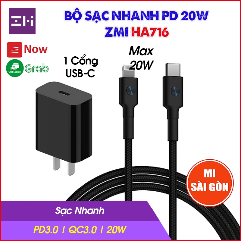 Bộ sạc nhanh PD ZMI ( HA716 20W ) cho táo,IP13/13 Pro/13 Pro Max/chuẩn MFi,cổng USB Type-C,