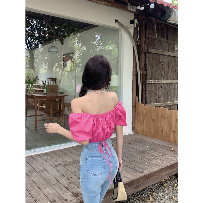 Áo Croptop Tay Phồng Cổ Chữ V Phối Dây Thắt Eo Nữ Tính