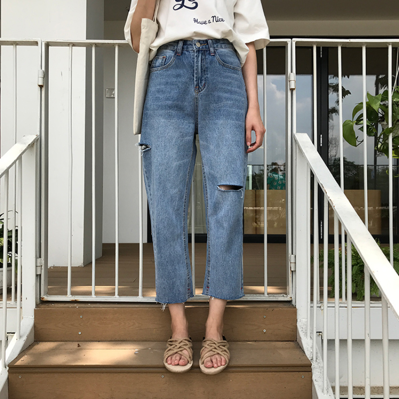 Quần Jeans Dài Rách Gối Thời Trang Dành Cho Nữ