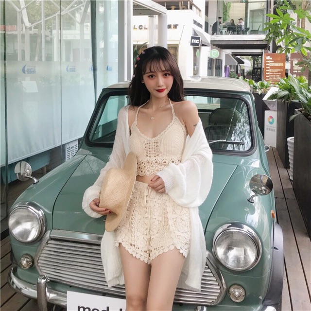 Set biển mix ngẫu nhiên - set 3 món - bra bây cá + quần ren xẻ vạt + choàng len mỏng dáng dài ~90cm (có tách rời)