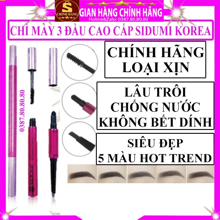 Bút chì kẻ mày 4d 3 đầu 2 đầu phẩy sợi lâu trôi không thấm nước chính hãng Sidumi hàn quốc kiêm mascara tốt mauf nâu đen